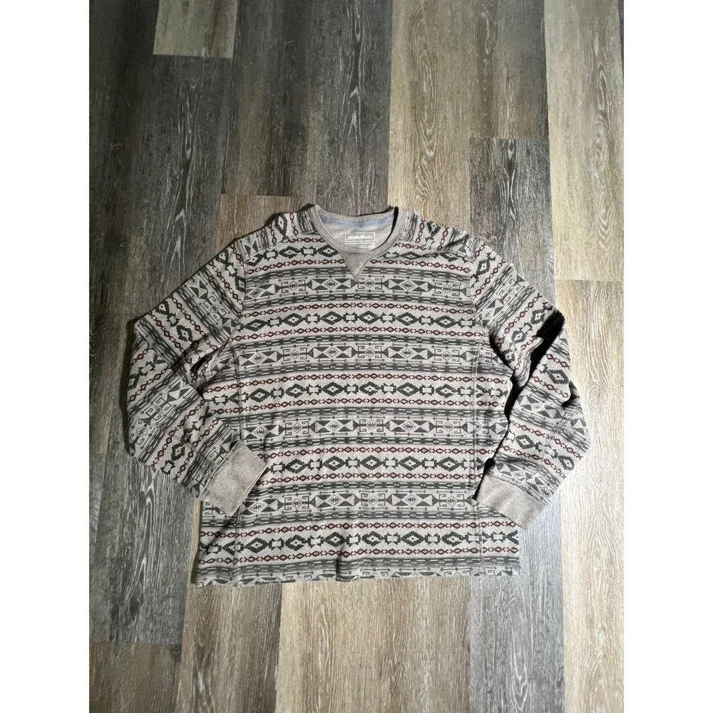 Eddie‎ Bauer Thermal Waffle Knit Mens XL Grey Aztec Southwestern Long Sleeve